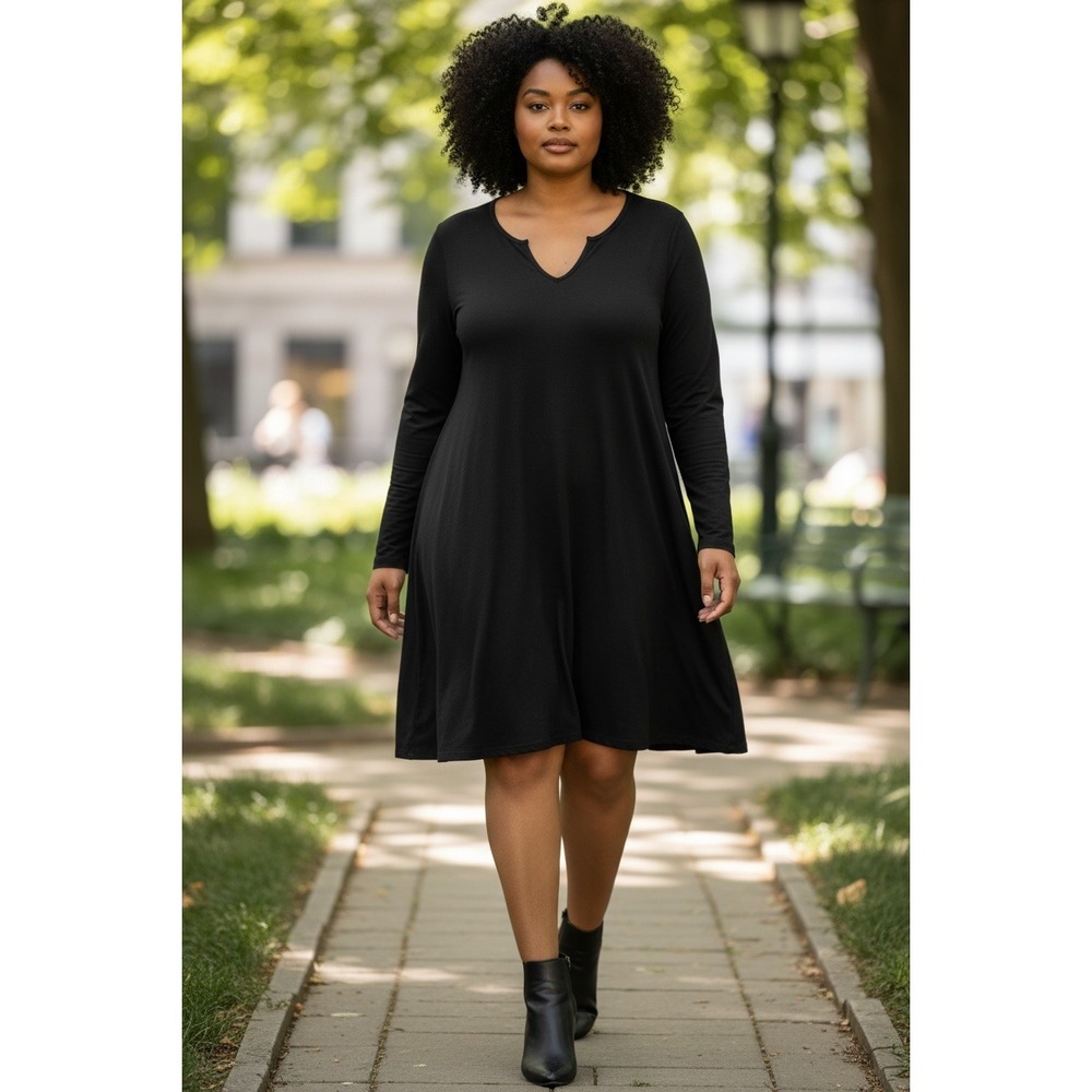 NEW! Noracora Women's XXL Black Long Sleeve Scalloped Notch Neck Swing Dress‎